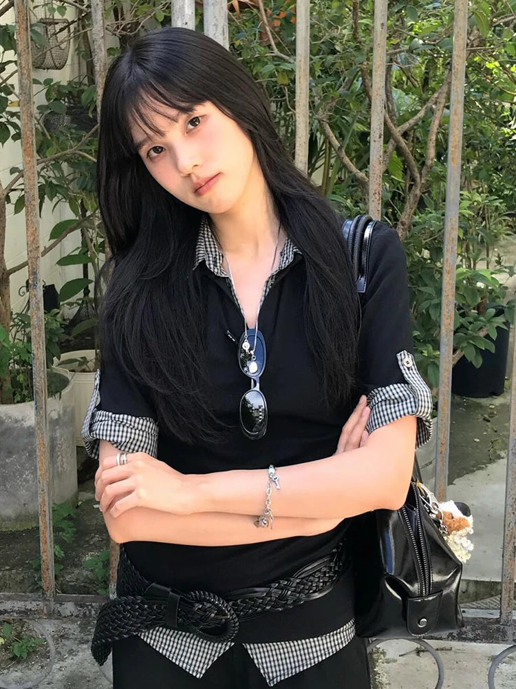 Genayooa American Retro Patchwork Shirt Damen Halbarm Freizeithemden Y2k Vintage Fake Two Pieces Tops Japanische 2000er Jahre T-Shirts So ist Leben