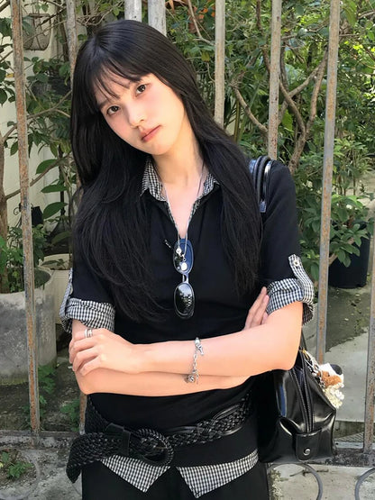 Genayooa American Retro Patchwork Shirt Damen Halbarm Freizeithemden Y2k Vintage Fake Two Pieces Tops Japanische 2000er Jahre T-Shirts So ist Leben