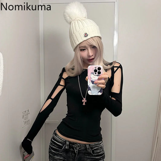 Crop Tops T-shirts für Frauen Oansatz Langarm Schwarz Tees Mode Lässig Koreanische Camisetas Y2k Top Aushöhlen Sexy Sommer T-shirt So ist Leben