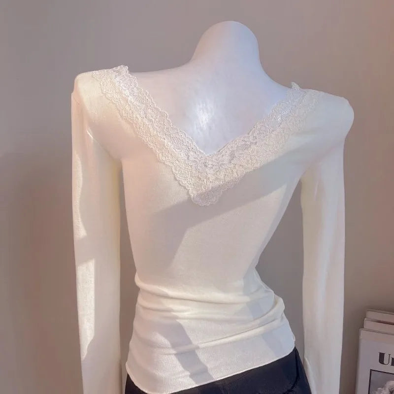 Weiße Spitze T-Shirts Frauen Basic gespleißt zarte sexy Damen Französisch Stil ästhetische Langarm schlanke sanfte Winter Innen oberteile - So ist Leben
