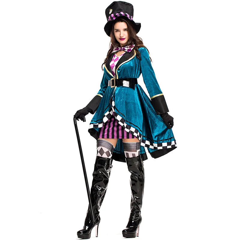 Alice im Wunderland Clown Verrückter Hutmacher Kostüm für Erwachsene Frauen Fantasie Sexy Zauberer Cosplay Halloween Karneval Magisches Kleid So ist Leben