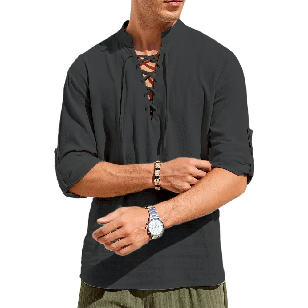 Herren Vintage V-Ausschnitt T-Shirt Pirat Mittelalter Wikinger Gothic Tops Baumwolle Leinen Gemütliches Hemd Langarm Cospaly Halloween Party Top So ist Leben