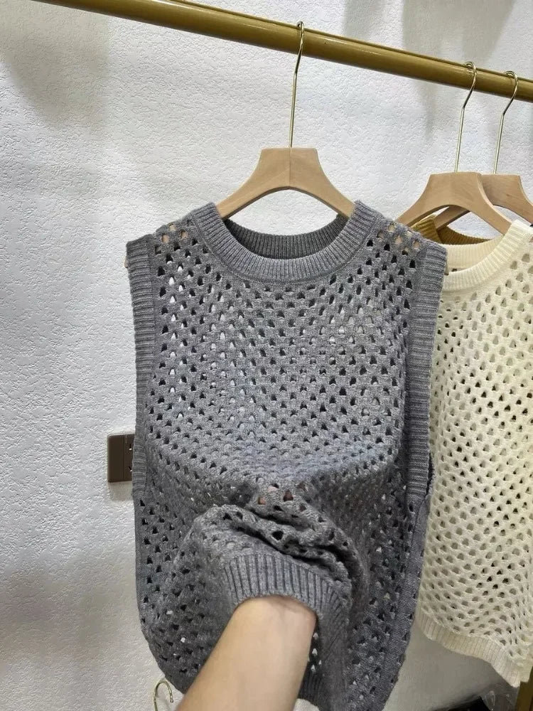 Vintage Stricken Pullover Weste frauen Kleidung Oansatz Ärmel Lose Tanks Aushöhlen Casual Chic Crop Tops 2025, Ropa Mujer So ist Leben