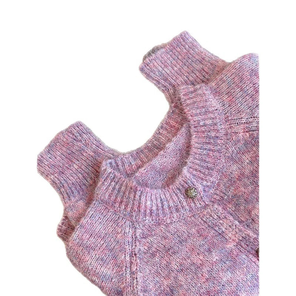 Weicher lila Strickpullover für Damen, 2025, neuer Frühling und Herbst, einreihig, O-Ausschnitt, kurze Strickjacke, Langarm-Tops So ist Leben