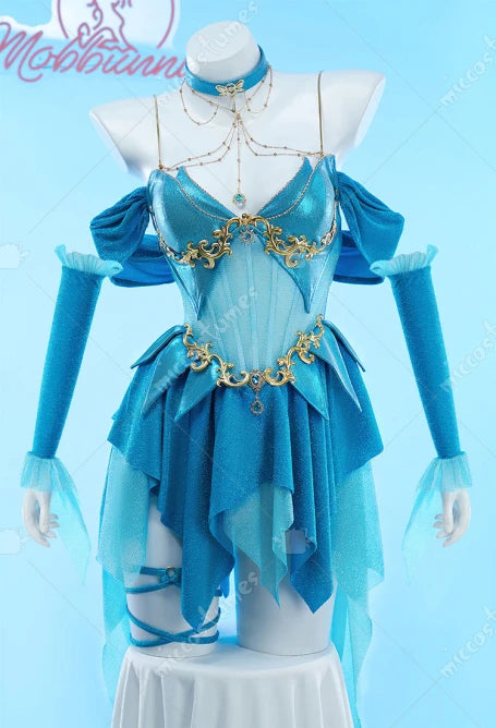 MOBBUNNY Damen Bloom Derivative Sexy Dessous-Kleid, tief ausgeschnitten, unregelmäßiges blaues Kleid mit Ärmeln, Halsband, Cosplay-Kostüm So ist Leben
