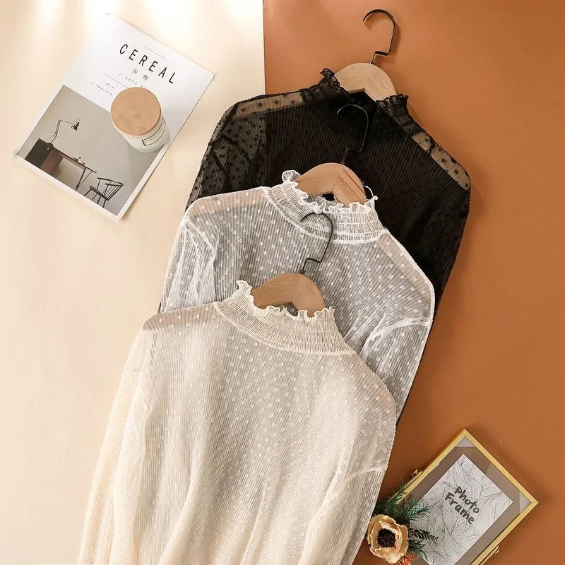 Frauen Sexy Mesh Durchsichtig T-shirt Lange Glocke Hülse Aushöhlen Bluse Sommer Transparent Sheer High Neck Bodenbildung Basic Tee - So ist Leben