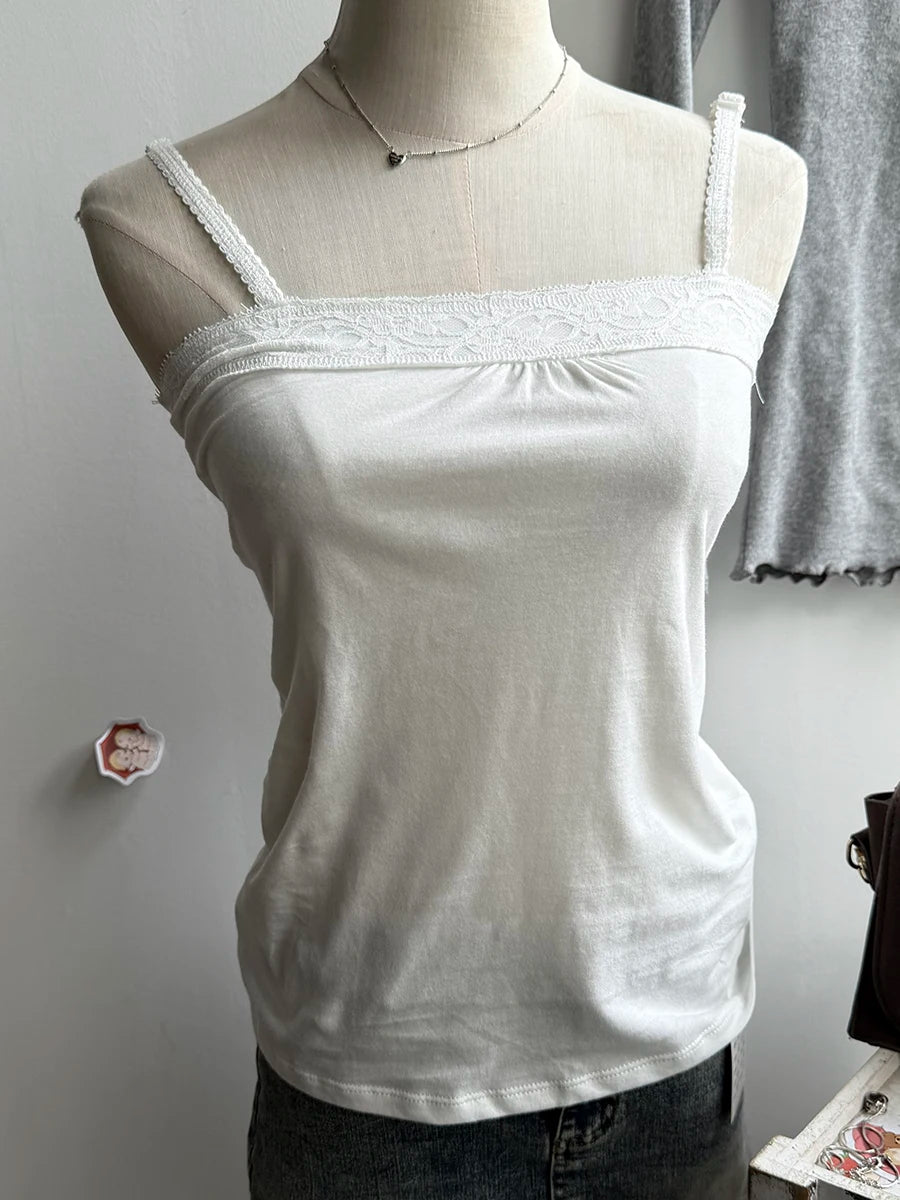 Süße Spitze Patchwork Schlank Tank Tops Frauen Sommer Weiß Sexy Einfache Baumwolle Weiche Ärmellose Westen Weibliche Vintage Chic Y2K Leibchen So ist Leben