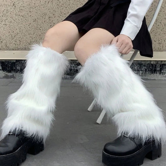 Y2k pelzige Beinlinge Goth weiß Kunst pelz Beinlinge Stiefel abdeckungen Dame süße Mode jk knielange Socken Hipster warme Socke So ist Leben