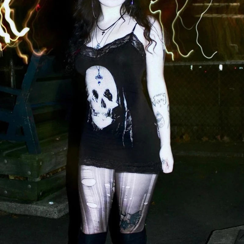 2024 neue Retro Punk Gothic Kleid Frauen Streetwear Harajuku Schädel gedruckt ärmellose hohe Taille Bodycon Kleid Grunge Rave Outfits So ist Leben