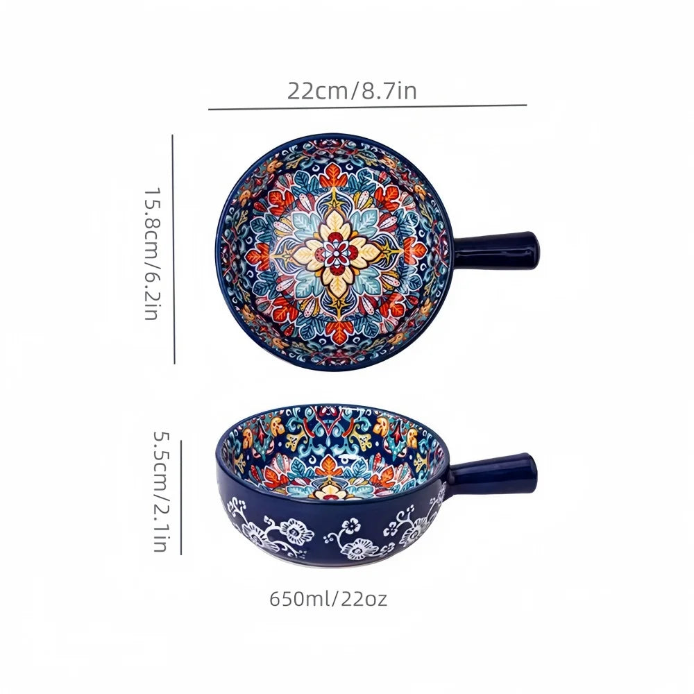 Handbemalte, gemusterte, gemusterte Salatschüssel aus böhmischer Keramik mit Griff, Küchen-Backgeschirr, mikrowellen- und ofenfest, 1 Stück So ist Leben