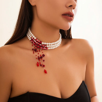 Mehrschichtige Vintage rote Blutmuster Imitation Perle Quaste Anhänger Halskette für Frauen Goth Kristall Perlenkette Halloween Schmuck So ist Leben