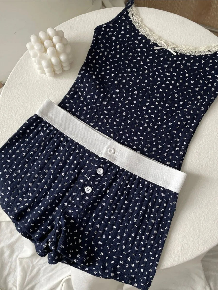 Süße Blumendruck Öse Schleife abgeschnittene Westen Frauen Baumwolle beiläufige dünne Spitzenbesatz Tank Tops Vintage Adrette süße Leibchen Y2K So ist Leben
