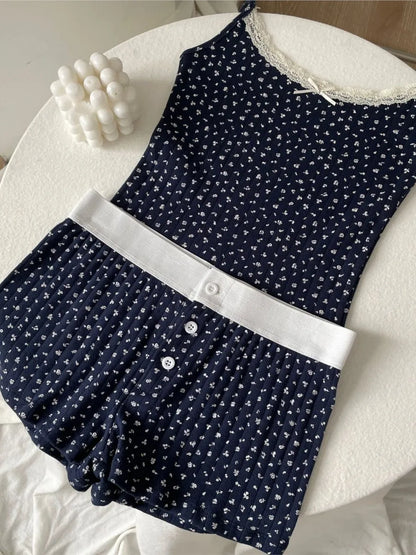 Süße Blumendruck Öse Schleife abgeschnittene Westen Frauen Baumwolle beiläufige dünne Spitzenbesatz Tank Tops Vintage Adrette süße Leibchen Y2K So ist Leben