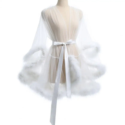 Damen-Nachthemd mit Plüschbesatz, ultradünn, durchsichtig, Netzrüschen mit verstellbarer Taille, einfarbig, Pyjama-Party-Nachtwäsche So ist Leben