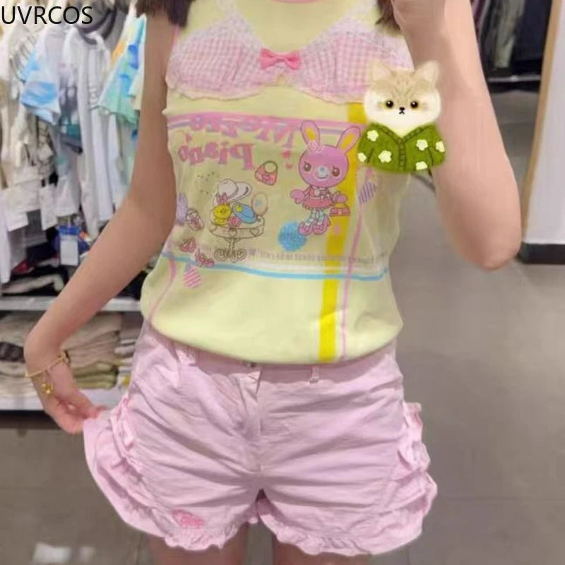 Rosa süße Lolita-Stil Shorts Frauen Sommer Kawaii elastische Taille Rüschen Schleife kurze Hosen Mädchen japanische Y2k ästhetische süße Shorts - So ist Leben