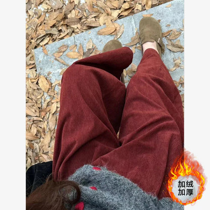 Hohe Taille Cord Hosen frauen Verdickt Fleece Herbst Winter Neue Stil Casual Lose Gerade Bein Abnehmen Breite Bein Hosen So ist Leben