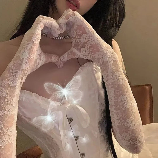 Mesh Fishnet Bowknot Lange Handschuhe für Frauen Spitze Rüschen Fingerlose Handschuhe Fäustlinge JK Lolita Kawaii Weiße Handschuhe UV-Schutz Y2k So ist Leben