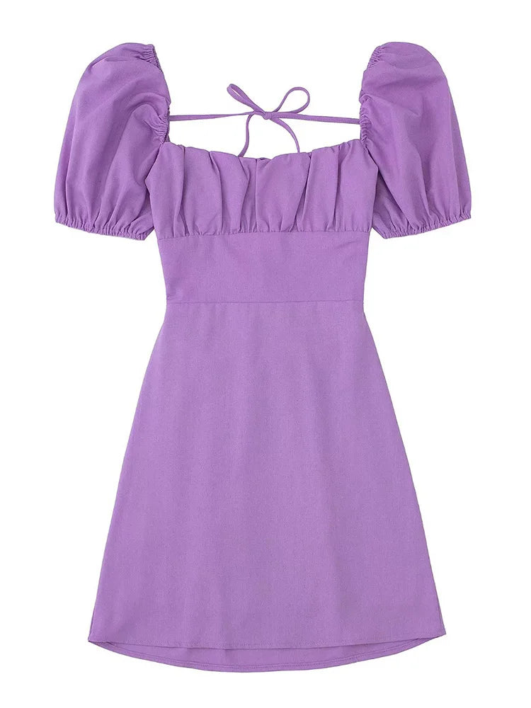 Frauen weiße Mode Leinen mischung Kleid weibliche quadratische Hals kurze Puff ärmel rücken freie Crossover-Träger Kleid für Frauen So ist Leben