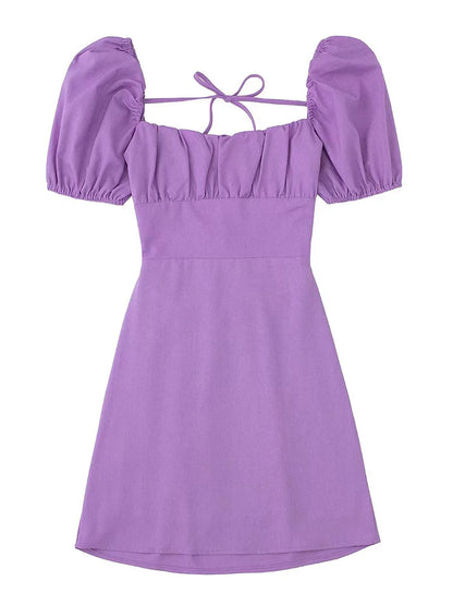 Frauen weiße Mode Leinen mischung Kleid weibliche quadratische Hals kurze Puff ärmel rücken freie Crossover-Träger Kleid für Frauen So ist Leben