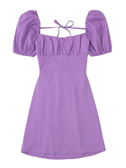 Frauen weiße Mode Leinen mischung Kleid weibliche quadratische Hals kurze Puff ärmel rücken freie Crossover-Träger Kleid für Frauen So ist Leben