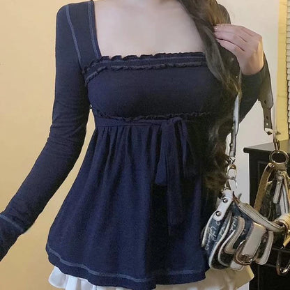 Cottage Fairy Y2k Front Tie-up Milkmaid Tops Damen Babydoll T-Shirt 90er Jahre Vintage Square Collar Langarm Schößchen Bluse T-Shirts So ist Leben