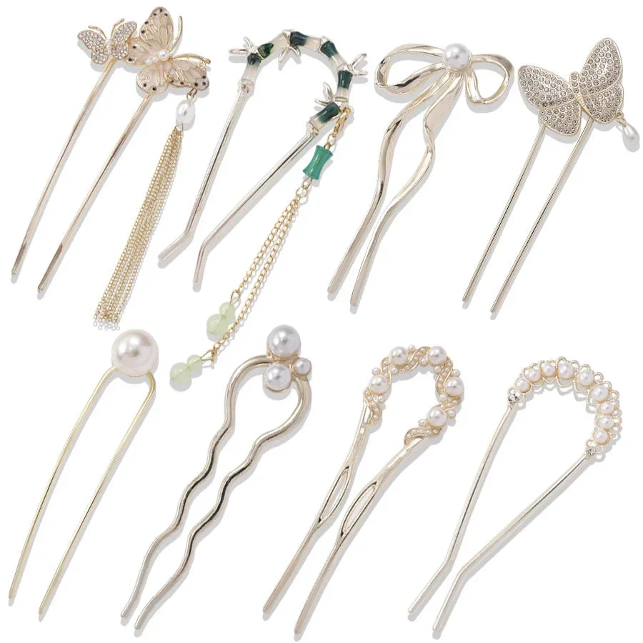 U-förmige Haarnadel aus Metall, Perlen-Schmetterlings-Haar-Accessoire, neuer chinesischer Stil, antikes Gefühl, hochwertige florale Step-Rock-Haarnadel So ist Leben