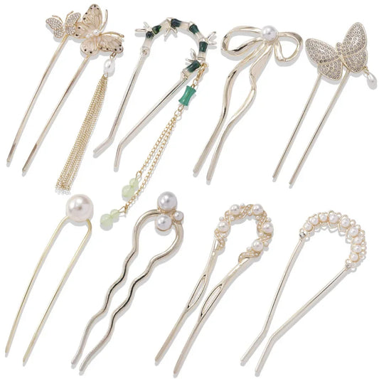 U-förmige Haarnadel aus Metall, Perlen-Schmetterlings-Haar-Accessoire, neuer chinesischer Stil, antikes Gefühl, hochwertige florale Step-Rock-Haarnadel So ist Leben