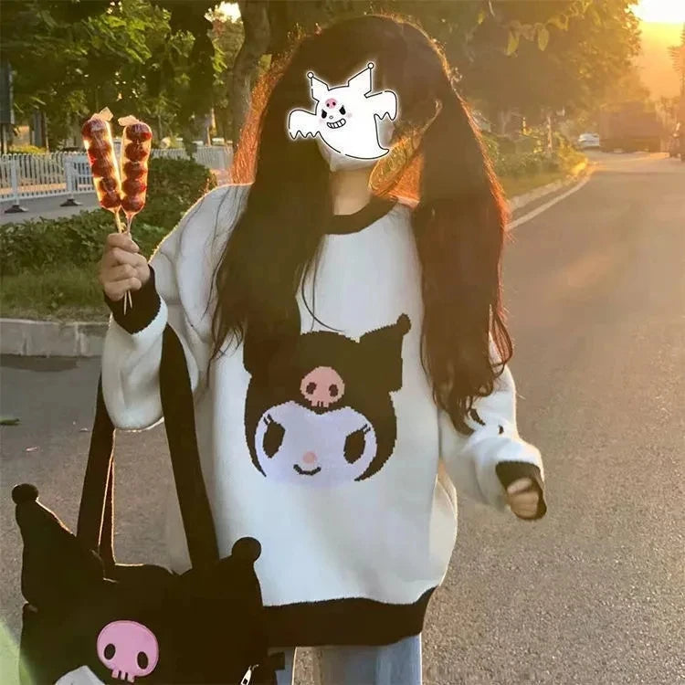 Sanrio Hello Kitty Kawaii Pullover Anime Frühling Winter Preppy Strickpullover Langarm Mädchen Oberteile Lockerer O-Ausschnitt Trend Süß So ist Leben
