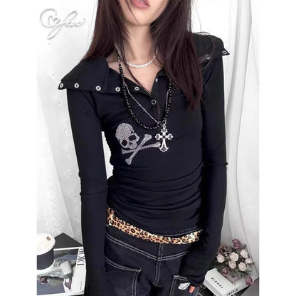 Streetwear Kleidung Hot Shoujo Girl Y2k T-Shirts Lange Ärmel Goth Grunge Skull Strass 2000er Jahre Gyaru Tees Top Damen Slim Blusen So ist Leben