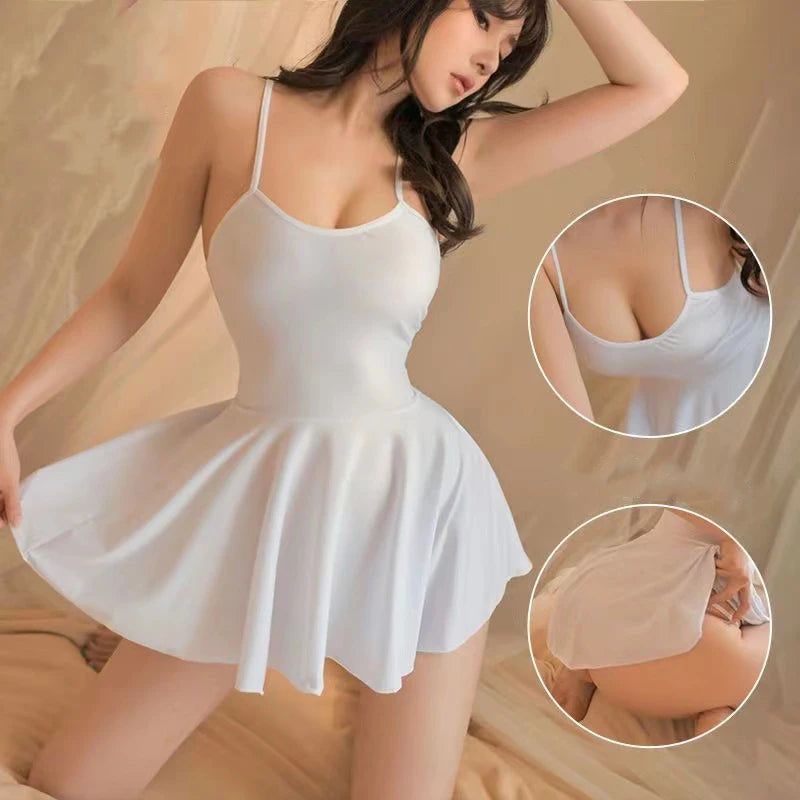 Heiße Damen Sexy Kurzen Rock Gesäß Öffnung Erotische Kostüm Einfarbig Hosenträger Nachthemd Einteiliges Babydoll Porno Dessous So ist Leben