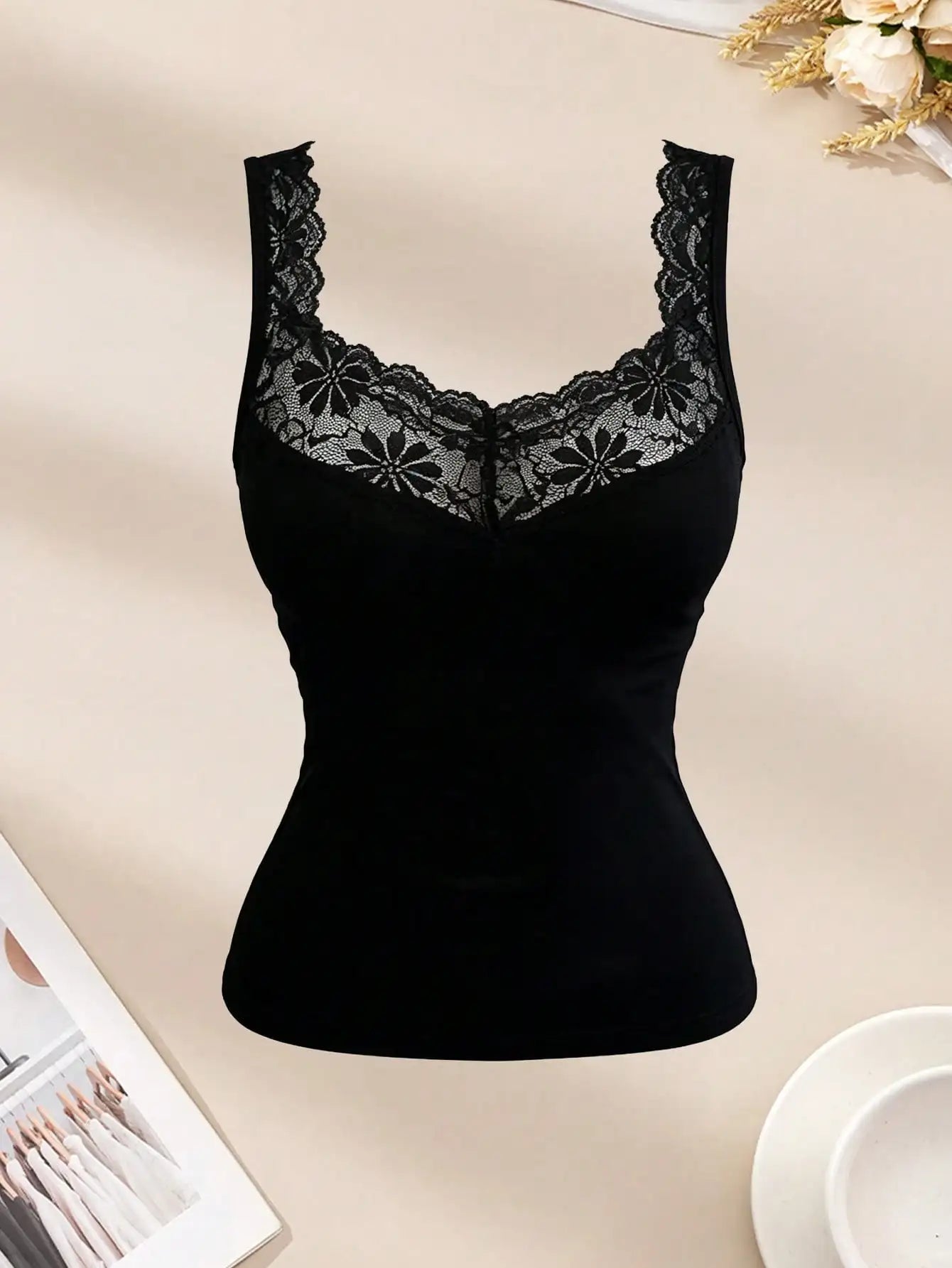 2-teiliges Camisole-Weste-Set mit Spitzenkragen und integriertem BH, einfarbige, ärmellose, weiche Damenunterwäsche, Sommer-Reise-Essentials-Weste-Set, S So ist Leben