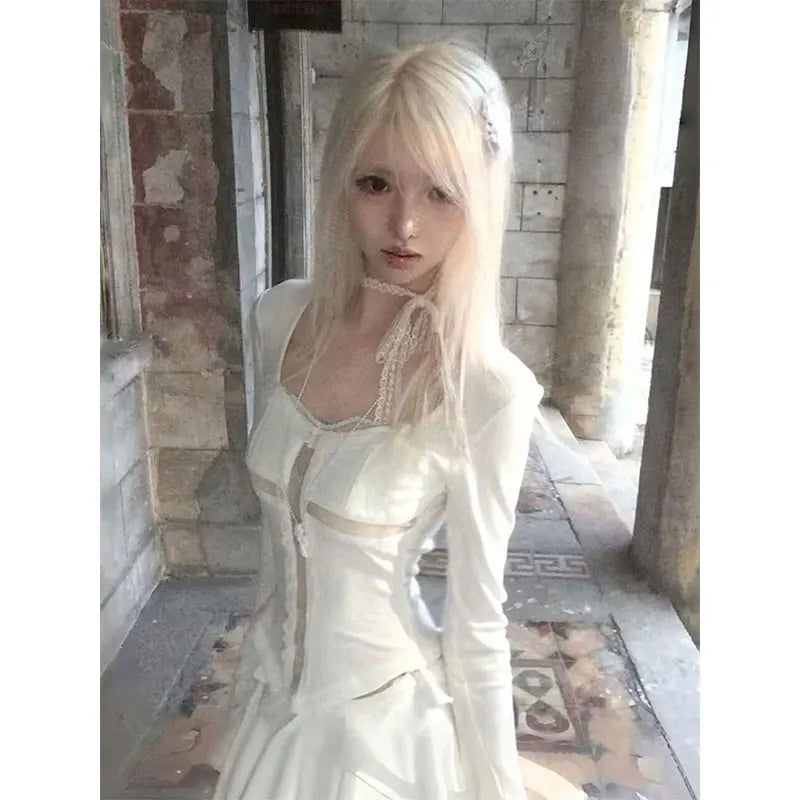 Genayooa Y2k Fairycore T Shirt Frauen Spitze Patchwork Crop Tops Streetwear Japanische 2000er Jahre Grunge Tops E-mädchen ästhetische T-shirts So ist Leben