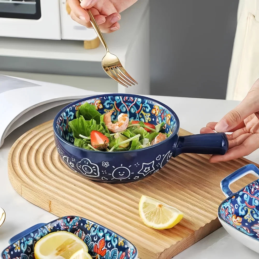 Handbemalte, gemusterte, gemusterte Salatschüssel aus böhmischer Keramik mit Griff, Küchen-Backgeschirr, mikrowellen- und ofenfest, 1 Stück So ist Leben