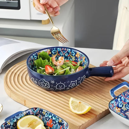 Handbemalte, gemusterte, gemusterte Salatschüssel aus böhmischer Keramik mit Griff, Küchen-Backgeschirr, mikrowellen- und ofenfest, 1 Stück So ist Leben