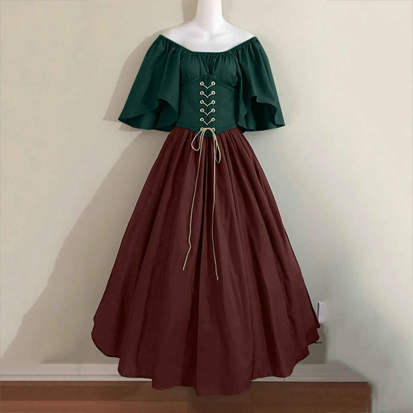 Damen Patchwork Mittelalter Renaissance Kleid Halloween Gothic schulterfreies Retro Langes Kleid So ist Leben