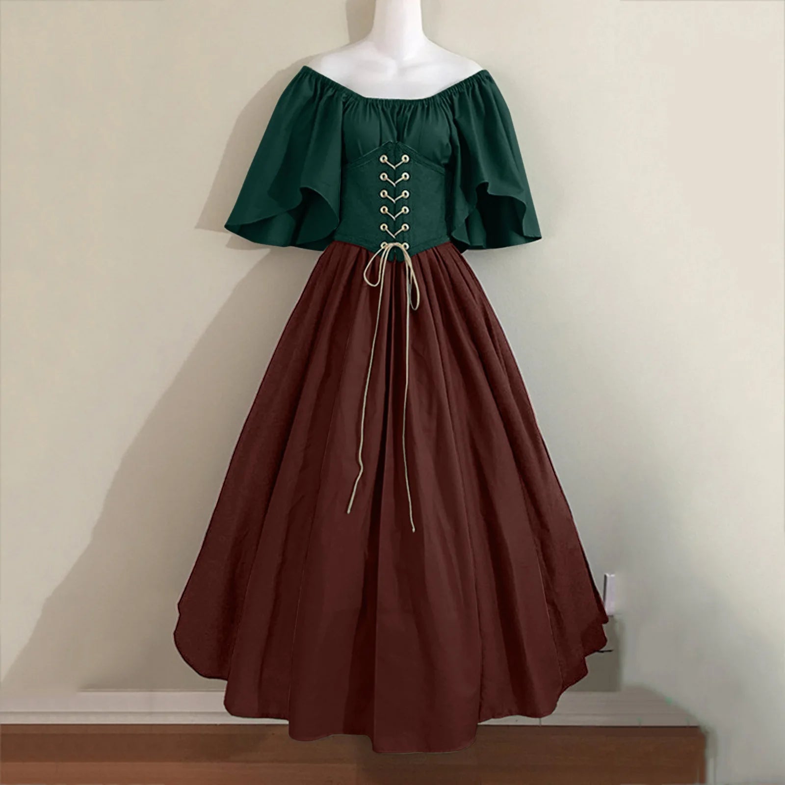 Damen Patchwork Mittelalter Renaissance Kleid Halloween Gothic schulterfreies Retro Langes Kleid So ist Leben