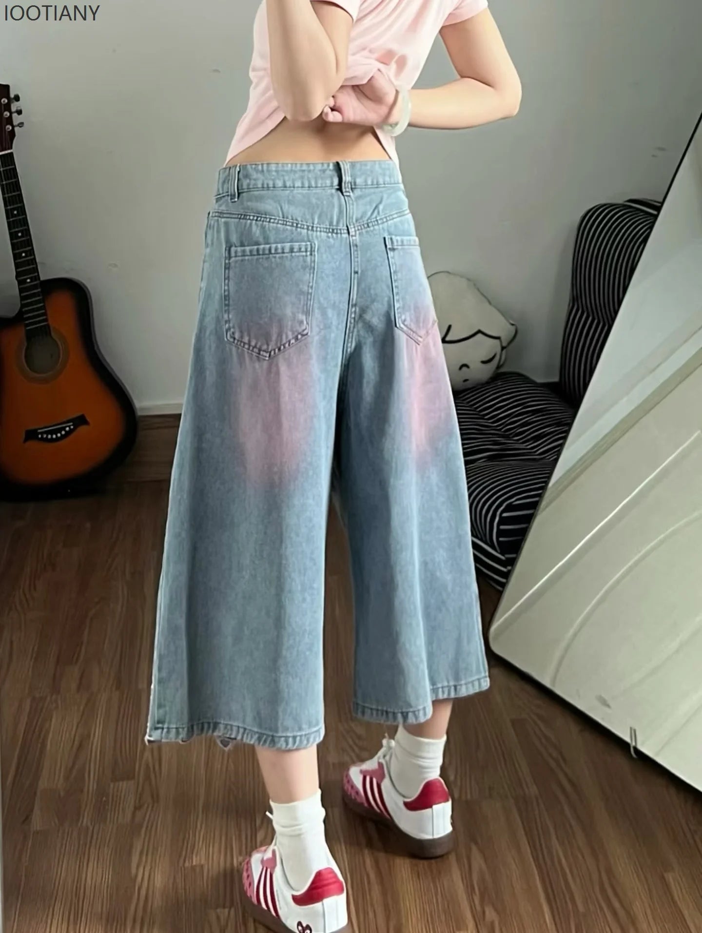 Damen High-Waist Jeans mit Niedlicher Cartoon-Katzen-Stickerei, Vintage Y2K Kleidung, Wadenlange Denim-Hosen, Harajuku Blaue Streetwear So ist Leben