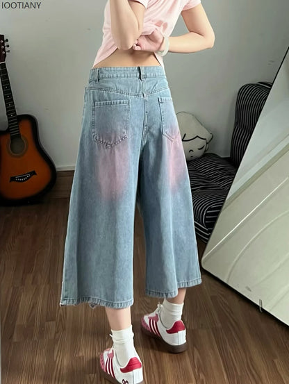 Damen High-Waist Jeans mit Niedlicher Cartoon-Katzen-Stickerei, Vintage Y2K Kleidung, Wadenlange Denim-Hosen, Harajuku Blaue Streetwear So ist Leben