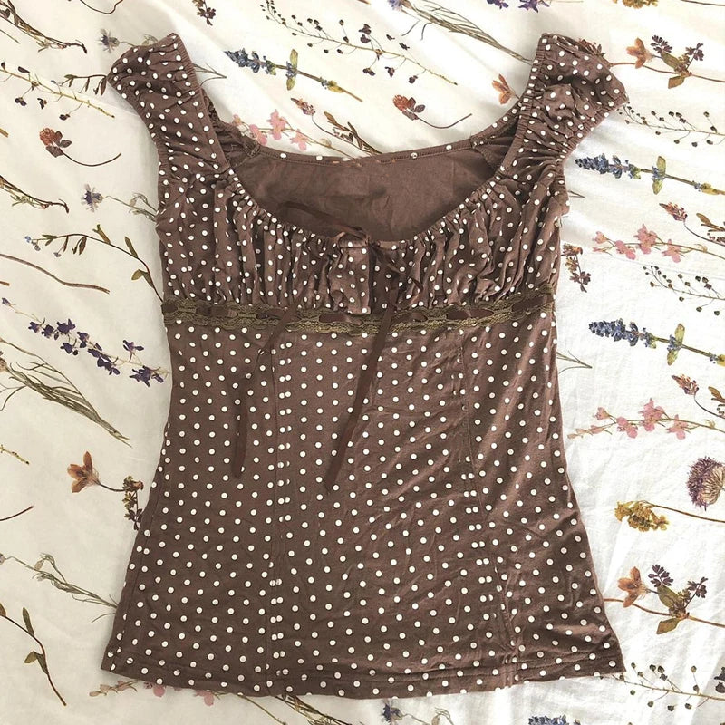 Teen Girl 00er Retro süßes T-Shirt mit quadratischem Kragen Polka Dot Milkmaid Baby Tees Coquette Vintage Cap Sleeve Crop Tops Y2k Tank Weste So ist Leben
