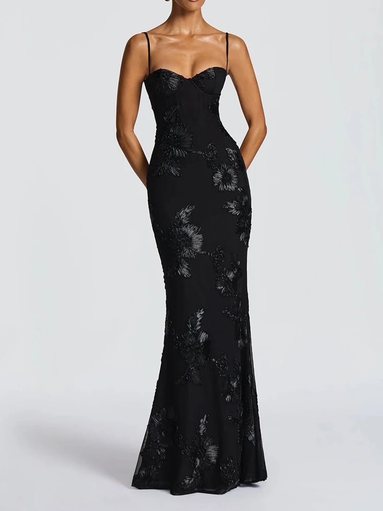 Französisches Rückenfreies Einfarbiges Elegantes Abendkleid mit Trägern, Blumenmuster, Hochwertiges Bankettkleid, Schlankes Kleid So ist Leben