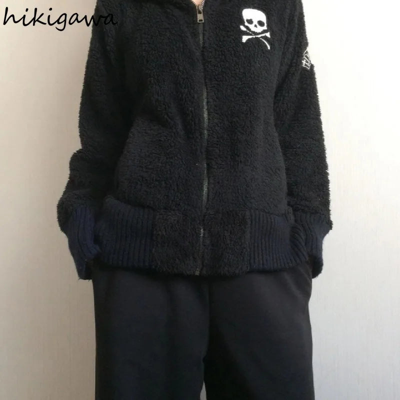 Harajuku Übergroße Jacken frauen Kleidung Y2k Tops Streetwear BF Lamm Wolle Mit Kapuze Jacke Warme Schädel Zipper Casual Chic Mäntel So ist Leben