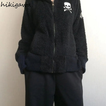 Harajuku Übergroße Jacken frauen Kleidung Y2k Tops Streetwear BF Lamm Wolle Mit Kapuze Jacke Warme Schädel Zipper Casual Chic Mäntel So ist Leben