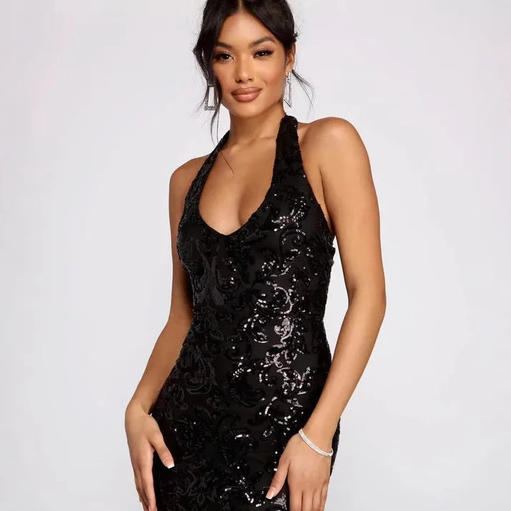 Sexy Hals Kragen Pailletten Kleid Modische Vielseitige Lange Kleid 2025, Herbst Und Winter Neue Produkt Mode Temperament Retro Wo So ist Leben