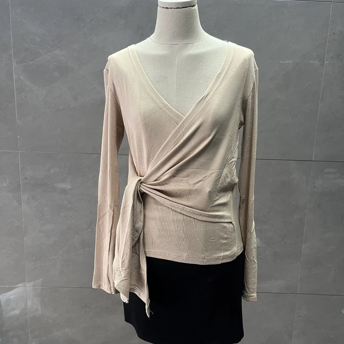 Slim Fit Kreuz Krawatte Langarm V-ausschnitt Koreanischen Stil Frühling Herbst T-Shirt Basis Shirt Sexy Oberbekleidung Top Polyester Stoff So ist Leben