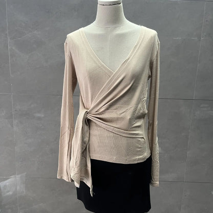 Slim Fit Kreuz Krawatte Langarm V-ausschnitt Koreanischen Stil Frühling Herbst T-Shirt Basis Shirt Sexy Oberbekleidung Top Polyester Stoff So ist Leben