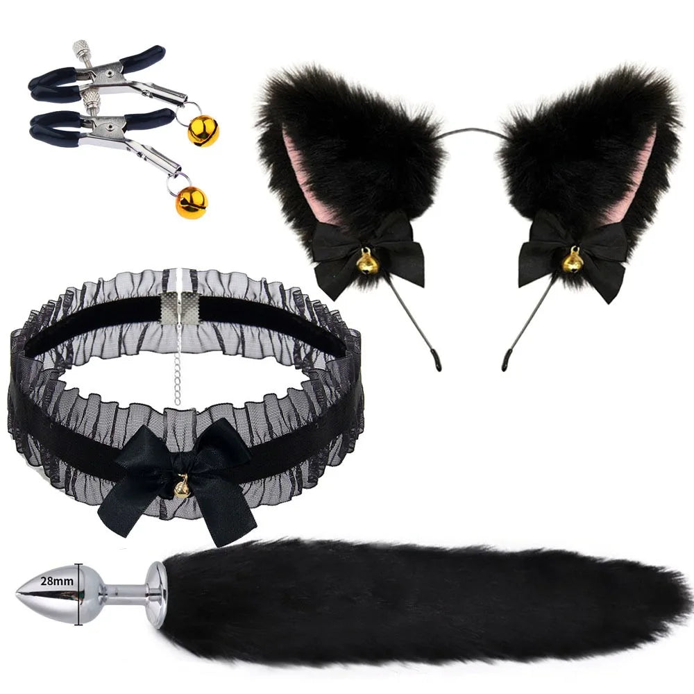 Nette Fuchsschwanz Anal Plug Bogen-Knoten Weiche Katze Ohren Stirnbänder Kragen Erotische Cosplay Paare Zubehör SM Sex Spielzeug für Weibliche männliche So ist Leben