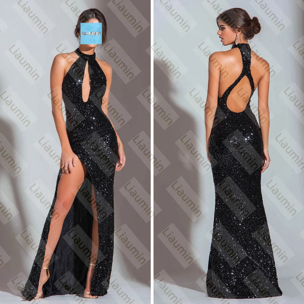 Schwarzes Pailletten-Abschlussballkleid mit seitlichen Ausschnitten und hohem Schlitz, langes Hochzeitskleid für formelle Anlässe, rückenfrei, maßgeschneidert, A6-1.1 So ist Leben