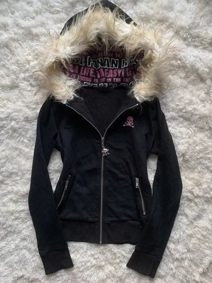 High Street Retro Damen mit Kapuze Winter neuer Artikel Harajuku multifunktionale langärmelige Wolle warmer Reißverschluss Gothic Y2K langärmelig So ist Leben