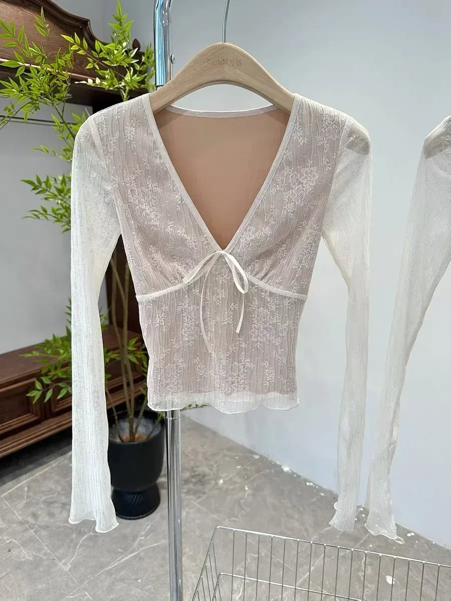 Y2k Frauen Vintage Coquette Grunge Ästhetische Mesh T-shirts Übergroßen Acubi T-shirt Langarm V-ausschnitt Abgeschnitten T Tops Kleidung So ist Leben