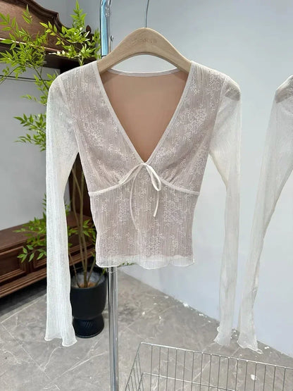 Y2k Frauen Vintage Coquette Grunge Ästhetische Mesh T-shirts Übergroßen Acubi T-shirt Langarm V-ausschnitt Abgeschnitten T Tops Kleidung So ist Leben
